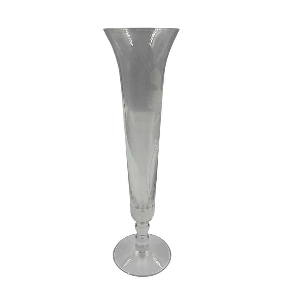 Vintage Crystal Clear Glass Skinny Tall Floral Etched Decorative‎ Vase Footed